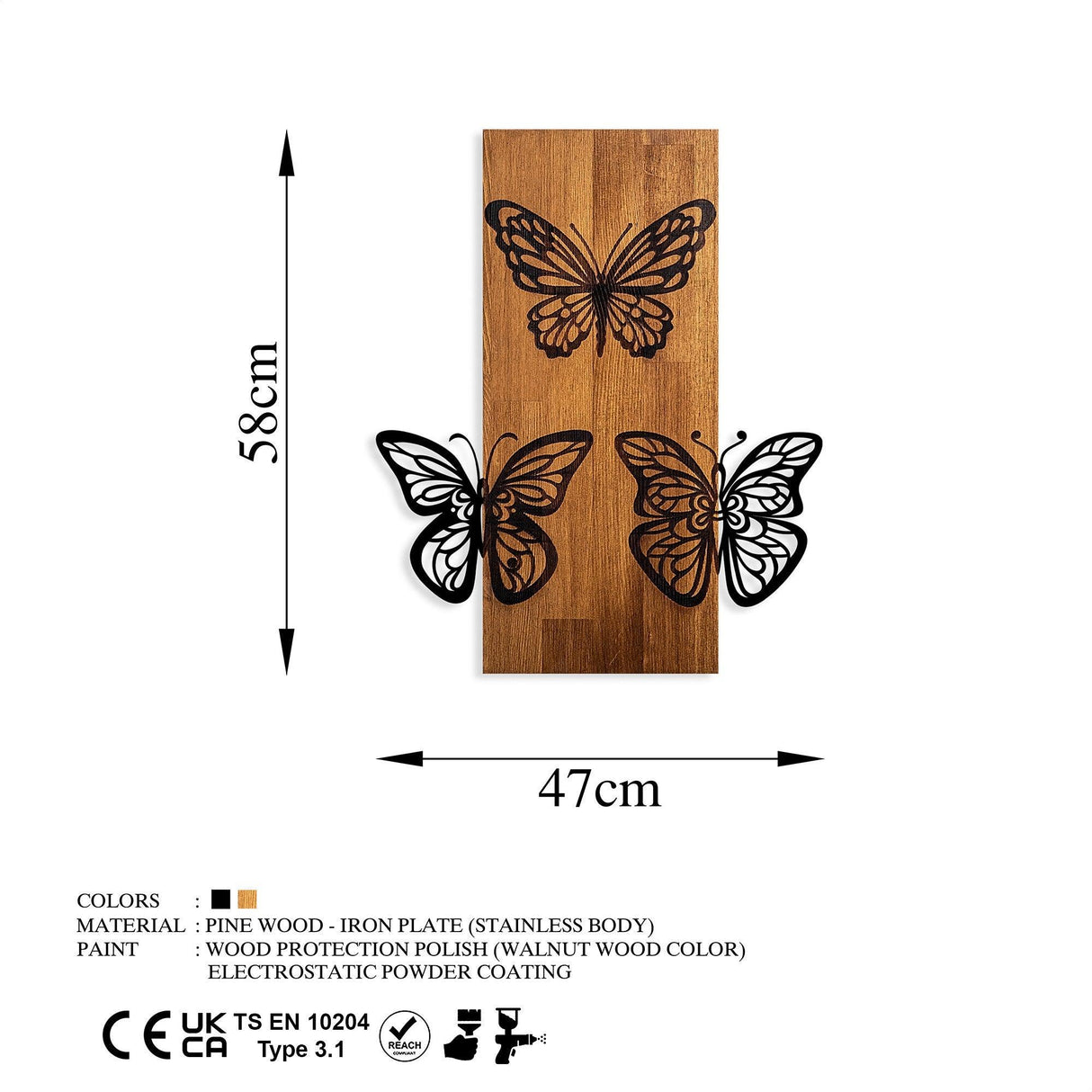 Decoratiune de perete lemn Butterflies wooden deco, Nuc, 58x1x47 cm