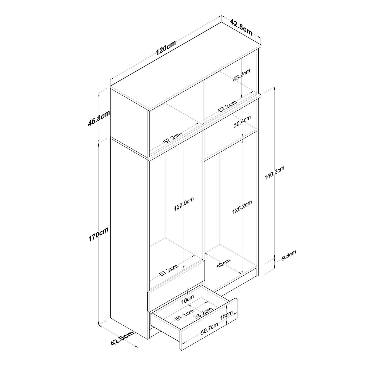 Dulap de Haine Balu 8 Usi si 2 Sertare, Alb - Nuc, 120 X 216 X 42 Cm