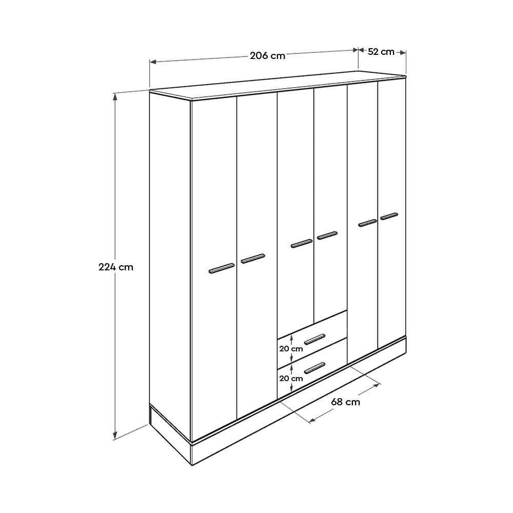 Dulap Haine Adore Base, 6 usi, 2 sertare, Alb, 206 x 224 x 52 cm